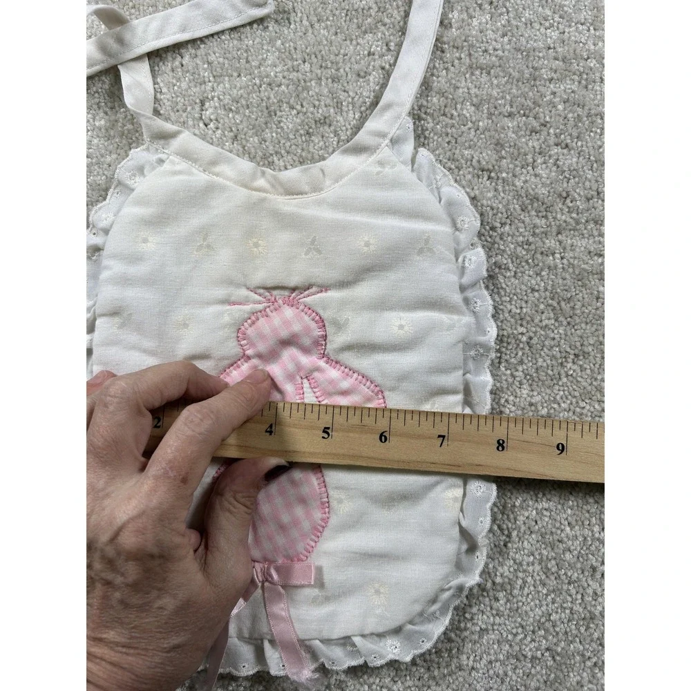Vintage Baby Bib Pink Gingham Bunny Applique Eyelet Ruffle Trim Embroidered Bow‎